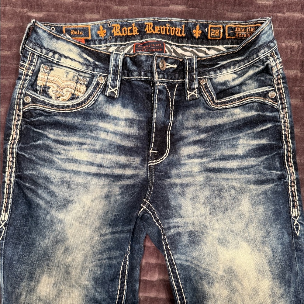 Rock Revival Women's Straight Leg Jeans - Dark Blue and White Accents